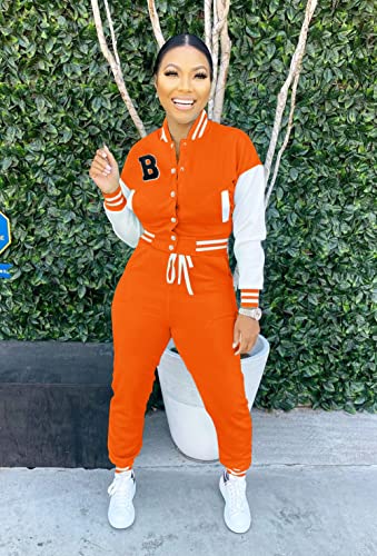 Fooullaide Womens 2 Piece Outfits Varsity Jacket Set Letter B Crop Tops Baseball Jacket Sweatsuit Jogging Sweatpants Tracksuits #TOP3
