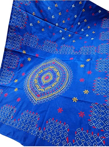Image of SHRISTI CLOTHINGS Women's Hand Embroidered Cotton Silk Kantha Stitch Saree with Blouse Piece (J420824 BLUED74)