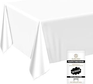 sundee Premium Plastic Table Cloths for Rectangle Tables(54" x 108"),12 Pack Disposable Waterproof Table Cover for Parties,Weddings,Picnic BBQ,Birthday,Graduation - White