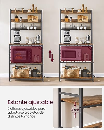VASAGLE Estantería para Panadería con Toma de Corriente, Soporte de Microondas, Estantería de Cocina, Alambre de Metal, 14 Ganchos, 40 x 80 x 170 cm, Marrón Rústico y Negro KKS025B01EU - imagen 6