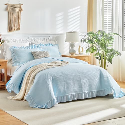 Blue Ruffle Quilt Set Full/Queen Size 3 Pieces Shabby Chic Farmhouse Striped Bedspread Coverlet Set Solid Lightweight Soft Microfiber Bed Cover for All Season (1 Ruffled Quilt + 2 Pillow Shams)