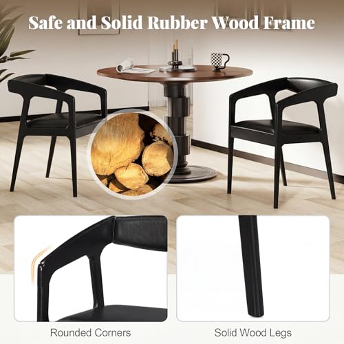 Image of COSTWAY Dining Chairs with Arms Set of 2, Mid Century Modern Wooden Accent Chairs with Faux Leather Seat & Padded Backrest, Kitchen Side Armchairs for Living Dining Reading Room, Black & Black