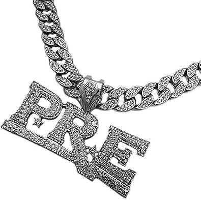Hip Hop Jewelry Silver Plated Large PRE Pendant & 15mm 18" Full Iced Cuban Choker Chain Necklace Set
