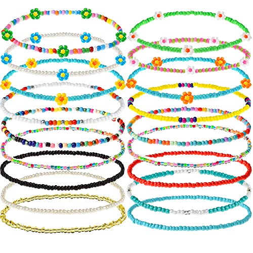 XIJIN 18 Pieces Flower Beaded Anklets for Women Girls Handmade Beach Colorful Elastic Beads Ankle Bracelets Set