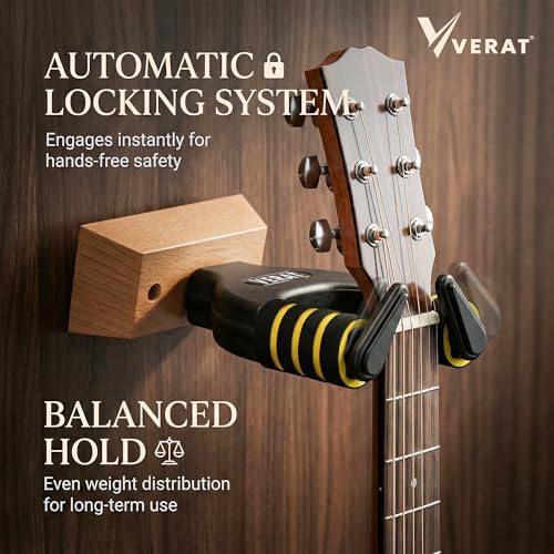 Image of VERAT Guitar Wall Mount Hanger Universal Guitar Wall Mount Hanger with Wooden Base | Foam-Padded Arms for Acoustic & Electric Guitar Wooden Base Guitar Wall Hook