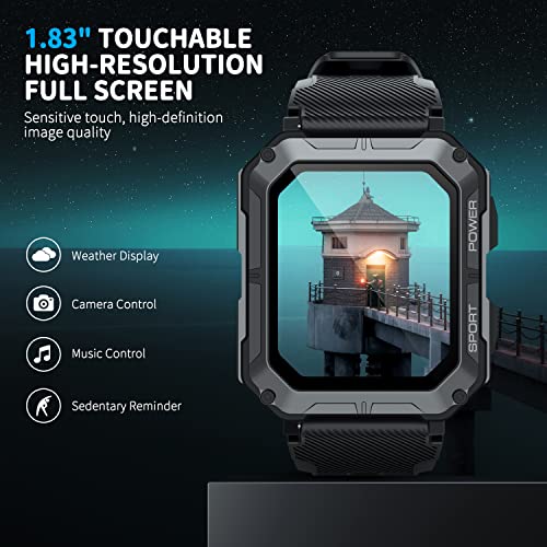 Pureroyi Military Smart Watches For Men Ip68 Waterproof Bluetooth Call(Answer/Dial Calls) 1.83'' Fitness Watch Tracker Tactical For Android Ios Outdoor Sports(Black) #TOP3