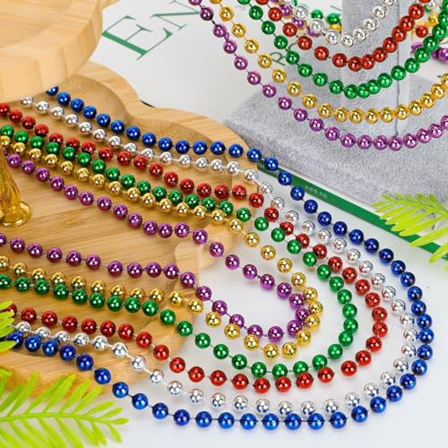 Image of Mardi Gras Beads, 24PCS Metallic Colorful Bead Necklace Party Favors, 6 Kinds of 33 inch Beaded Necklace Costume Women Men Stuff, Festival Parade Throw Accessories for Wedding Birthday Celebrations