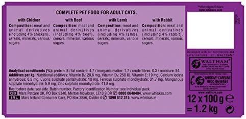 Whiskas 1+ Cat Wet Food in Pouch for Adult Cats, Meaty Selection in Gravy, 12x 100g