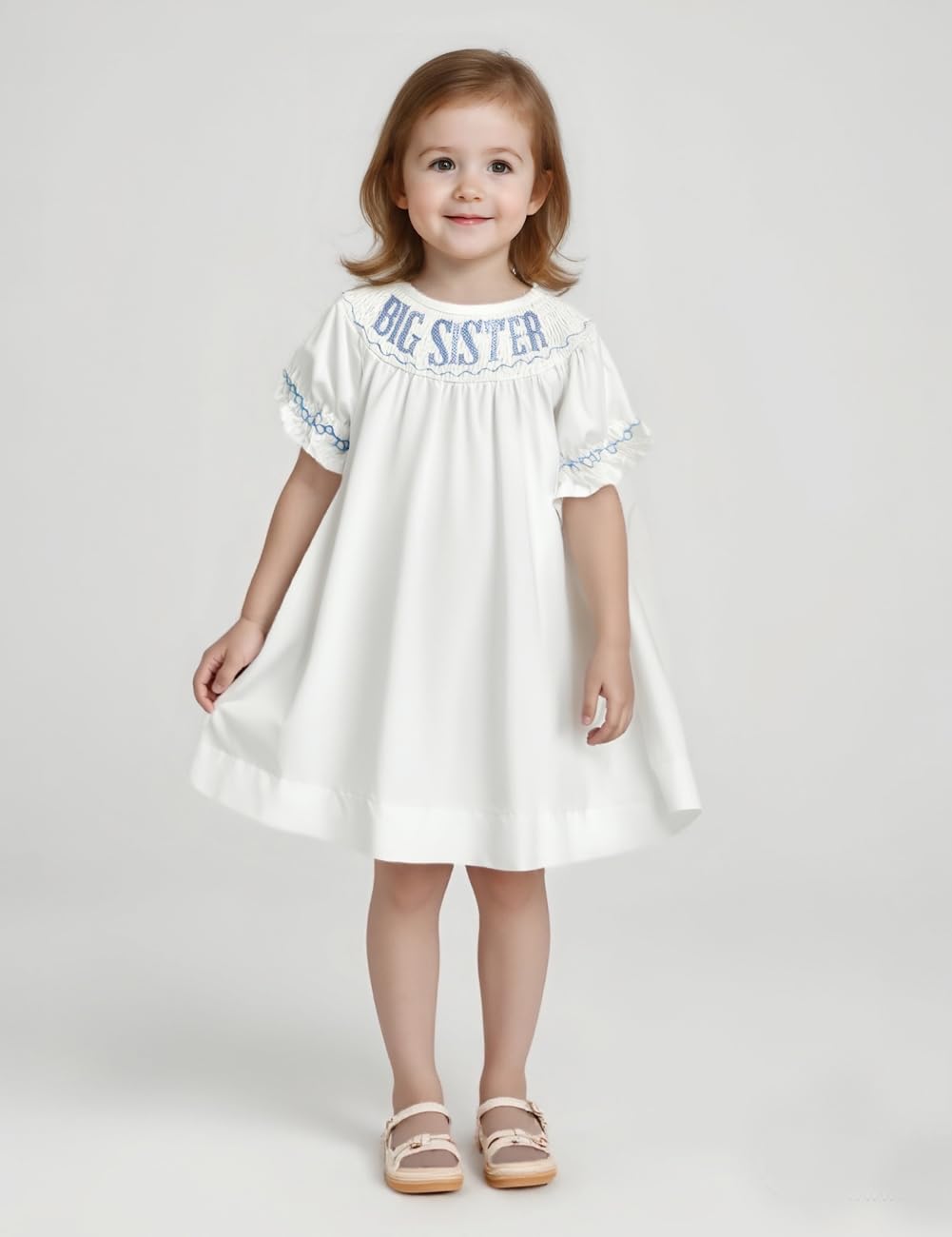 Big Sister Smocked Dress Toddler Little Girls Puff Short Sleeve Letters Embroidery Bishop Dress (Blue, 1-2 Years)