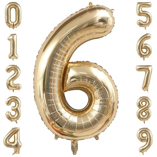 Image of Champagne Gold 6 Balloon Number,40 Inch Light Gold 6 Balloons Big Foil Mylar Helium Number 6 Balloon for Birthday Party Anniversary Decorations