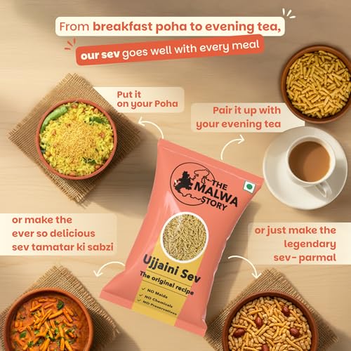 Image of The Malwa Story Original Ujjaini Sev - 200gm (Pack Of 3) | Cooked & Packed in Ujjain | Special Madhya Pradesh Authentic Sev Namkeen With No Maida | Spicy & Crunchy | For Poha & Tea Time Snacking