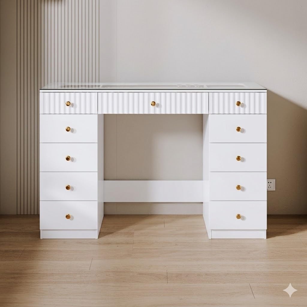 Fluted Makeup Vanity Desk with 46" HD Lighted Mirror,Big Modern Vanity Desk with Mirror and 12 LED Lights, Dressing Table with 11 Drawers, Glass Top for Bedroom,Cream