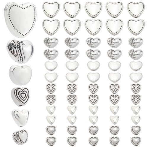 SOFPLATE 1 Box 120Pcs Antique Silver Heart Beads Heart Charm Spacer Bead Metal Alloy European Style Love Hearts Loose Spacer Beads for jewellery Making Bracelets Earrings Crafts Valentines Day Gifts