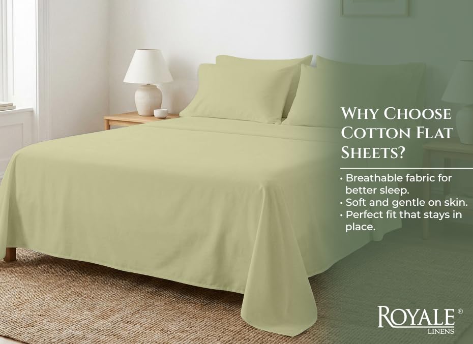 Image of Royale Linens 100% Organic Cotton Queen Size Flat Sheet Only - Percale Top Sheets - Queen Flat Sheet Sold Separately - Lightweight & Soft 100% Cotton Sage Green Bed Sheets Only (90 inch x 102 inch, SageGreen)