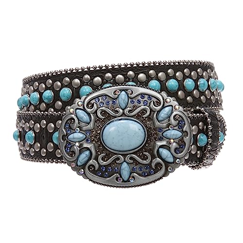 Western Turquoise Rhinestone Studded Faux Crocodile Print Genuine Leather Belt