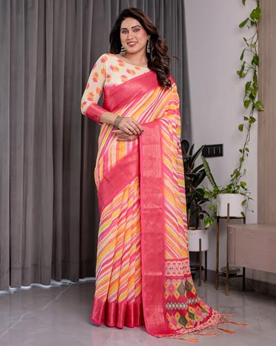 Image of ALMAARI FASHION Handloom Cotton Linen Saree for Women with Floral Printed Design and Tassel Pallu, Traditional Ethnic Lightweight Saree for Daily Office Festive with Blouse Piece