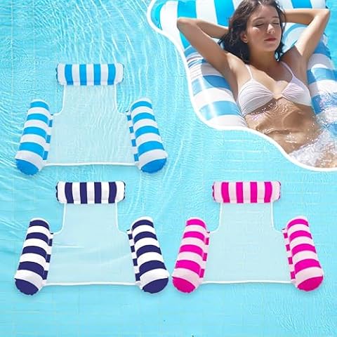MOONHILL Pool Floats, 3 Pack Inflatable Pool Float for Resort Gifts for Women, Men, Sturdy&Easy to Carry, 4-in-1 Pool Floats Adult Suitable for Swimming Pool, Beach, Travel(Light Blue/Rose Red/Blue) Cover