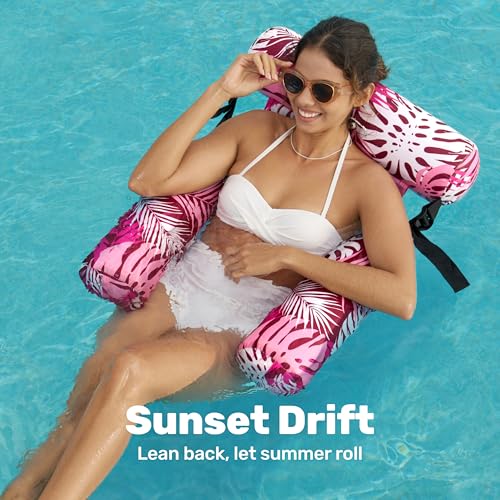 SLOOSH Luftmatratze Pool Wasser für Erwachsene, aufblasbarer Sessel, schwimmende Hängematte, aufblasbare Wasserstühle und Pool Flöße für Sommerpartys, Pool- und Strandspaß, Rosa Blätter