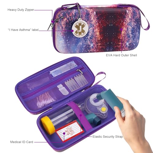 Image of MGZNMTY Travel Carrying Case Compatible with Asthma Inhaler Spacer for Adults and Children, Masks, Inhaler Holder with Asthma Alert Tag and Medical Card, Carabiner (Only Case) (Galaxy)