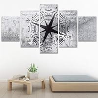 SIGNWIN 5 Panel Canvas Wall Art Compass on Shabby Wall Abstract Plants Illustrations Impressionism Modern Panoramic Relax/Calm Multicolor for Living Room, Bedroom, Office - 60