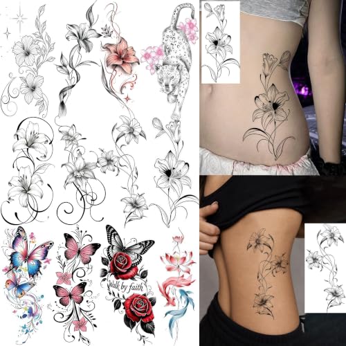 Image of VANTATY 12 Sheets Beautiful Lily Temporary Tattoos For Women Adults Arm Leg Waist Tattoo Sticker, Realistic 3D Rose Butterfly Fake Flower Tattoos Body Art Makeup Decals Waterproof Long Lasting Tatoos