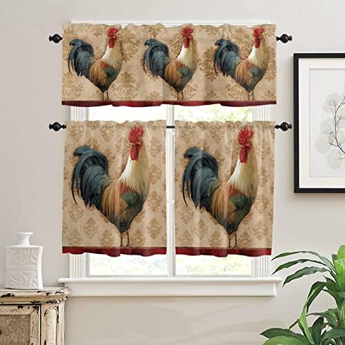 Cock Rooster Kitchen Curtains and Valances Set Tier Curtains Farm Animal Floral Valances for Windows Blackout Window Treatments Rod Pocket Valance Curtains&Drapes for Bedroom Living Room Bathroom 3PCS