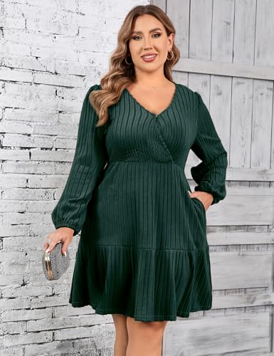 Image of Women's Plus Size Casual Sweater Dress Square Neck Long Lantern Sleeve Tie Waist Loose Pullover Sweater Dresses