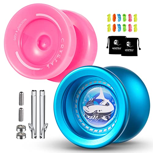 Magic Yoyo Professional Responsive for Kids Beginners, Dual Function Yoyo with Unresponsive Bearing, Yoyo 2 Pack Alloy T9 Blue&Plastic Yoyo K2 Pink + 12 Yoyo String, 2 Yoyo Bag, 2 Bearing Removal Tool