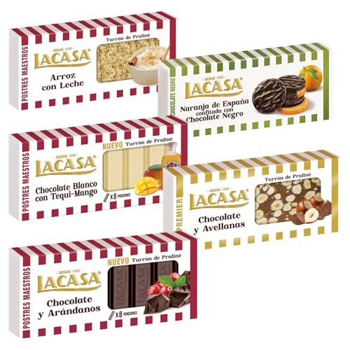 Pack Surtido 5 Turrones Lacasa:Naranja de España Confitada, Arroz con Leche, Blanco con Tequi Mango, Chocolate y Arándanos, Chocolate y Avellanas