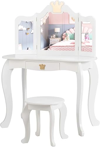 Costzon Juego de mesa y silla para niños, tocador de maquillaje de princesa con cajón y espejo de tres pliegues, juego de tocador 2 en 1 con parte