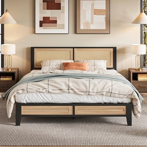 LIKIMIO Queen Bed Frame, Boho Platform Bed with Rattan Headboard and...