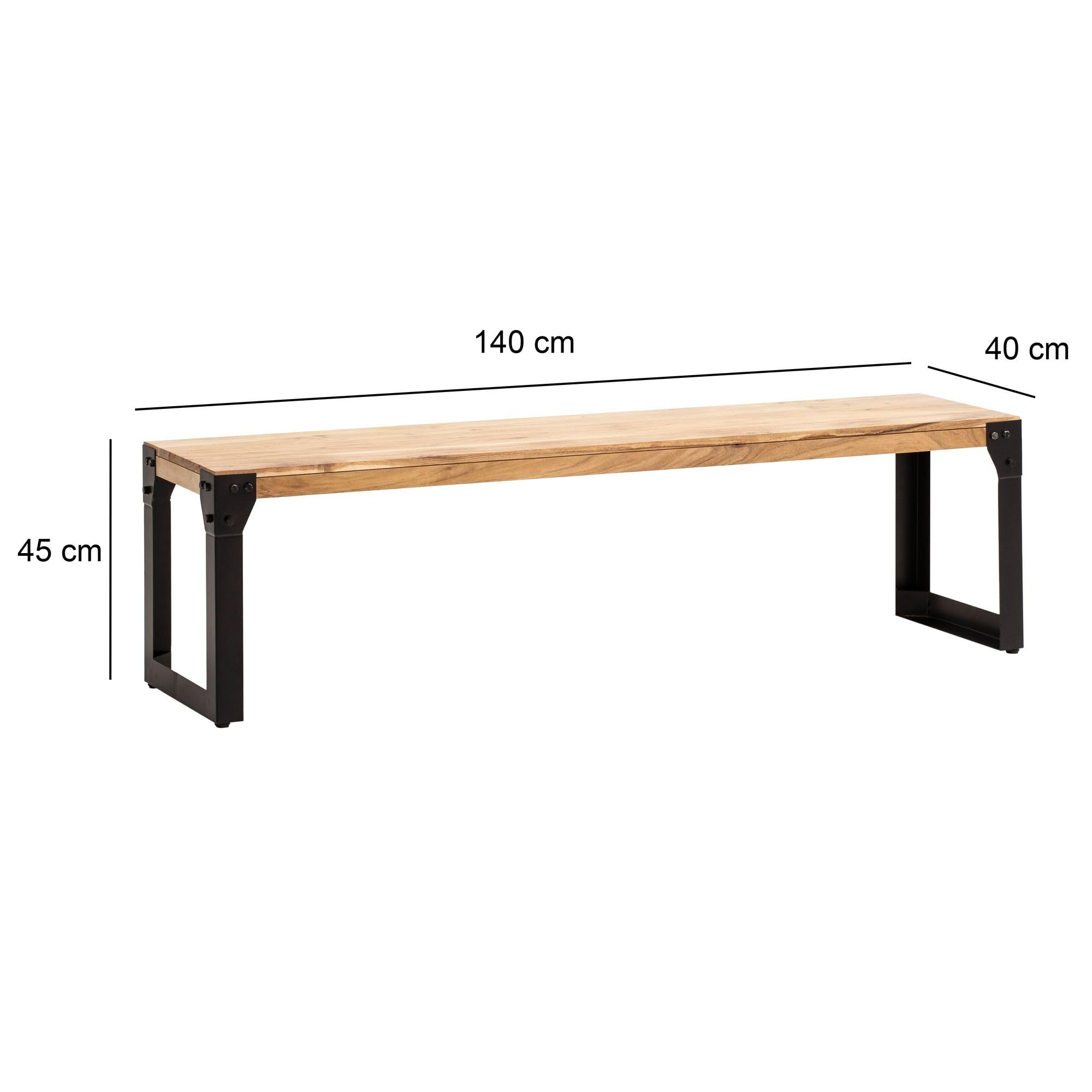 FineBuy Esszimmerbank 140 cm Akazie Massivholz Metall Industrial, Esstischbank Holzbank Massiv ohne Lehne, Küchenbank Essbank Modern, Sitzbank Esszimmer Braun