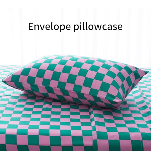 Image of Best Season Bed Sheet Set 3 Pieces -Twin Size-Soft Durable Microfiber Bedding Sheet Set,Deep Pocket,Stain,Fade & Wrinkle Resistant (Plaid Pink&Green)