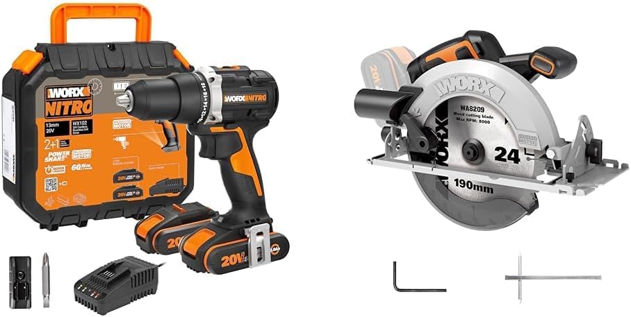 Perceuse visseuse 60Nm WORX Brushless et sa scie circulaire 185mm 20V