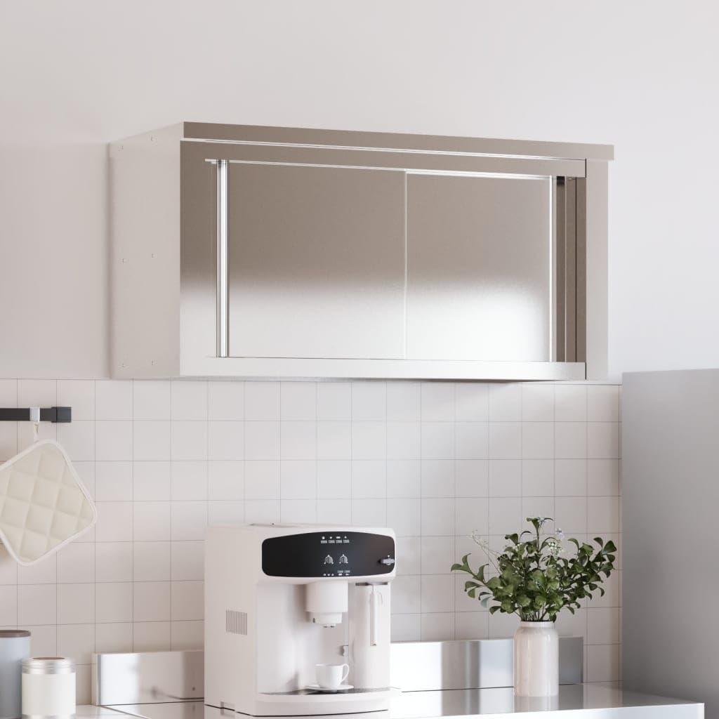 Küchen-Wandschrank mit Schiebetüren Edelstahl Küchenschrank mit Ablagen Wandmontage,Gastro Hängeschrank Schrank,92 x 40 x 46 cm (mit Tür)