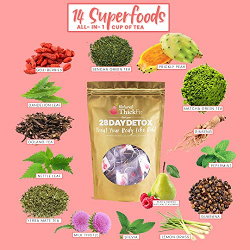 Natural Thickfit 28 Day Detox Tea: Shrink Belly Fat While Shaping Your Curves Cleanse W/ 14-All Superfoods Slimming Weight Loss Herbs & Fruits. Eliminate Toxins, Bloating, Boost Energy & Immune System #TOP2