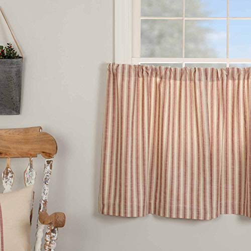 Market Place Red Ticking Stripe Tier Curtains, Set Of 2, 36" Long, Farmhouse Style Brick Red & Natural Cream Tiers/Café Curtains #TOP1