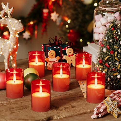 Image of 12Pack Flameless LED Candles with Timer, Battery Operated, Red, 2 inchx3 inch | Small Pillar & Votive Candle with Realistic Flickering Warm Glow for Centerpieces, Wedding Tables, Holiday, and Home Decor