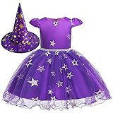Gwiyeopda - Vestido de bruja con tutú bordado de estrellas y sombrero de bruja para bebé, disfraz de Halloween, Púrpura, 2-3T