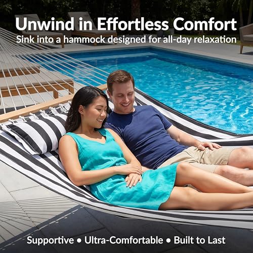 Image of Sunnydaze Quilted Double Hammock for Outside with Spreader Bars and Pillow - 450 lb Capacity, 74x55 Inch Bed, UV Resistant, Quick Dry - Chains Included, Stand Sold Separately - Black & White