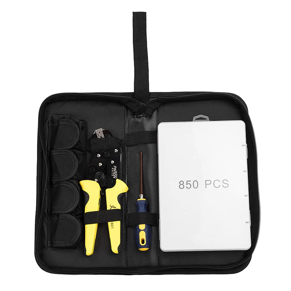 Kit di strumenti per crimpare cavi con ganasce intercambiabili, pinza a cricchetto e 850 terminali isolati 22-10 AWG (0,5-6,0 mm²), borsa per il trasporto organizzata