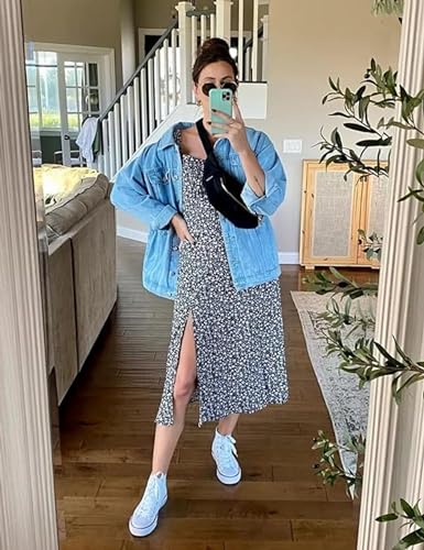 SeekMe Women's Oversized Jean Jacket Plus Size Button Down Washed Mid Long Denim Jacket3