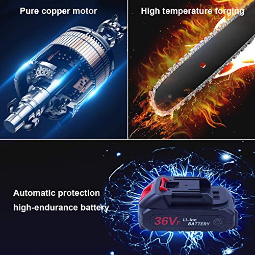 Mini Chainsaw Cordless Battery Saws, Upgraded 6-Inch 36V Power Chain Saws, Portable one-Hand Operated Electric Saw for Courtyard Tree Branch Wood Cutting (2pcs Batterie+ 2pcs Chain)