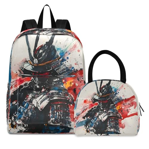 Backpack Lunch Bag Set Cool Samurai Print, Big Storage Travel Backpacks with Insulated Lunch Box for Office Hiking Picnic