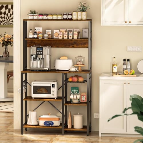 Image of 5-Tier Kitchen Storage Rack | Microwave Stand with Organizer | Kitchen Shelf Unit | Coffee Bar Organizer | Heavy Duty Metal & Wood Cabinet | Rustic Brown | 90x40x150 cm