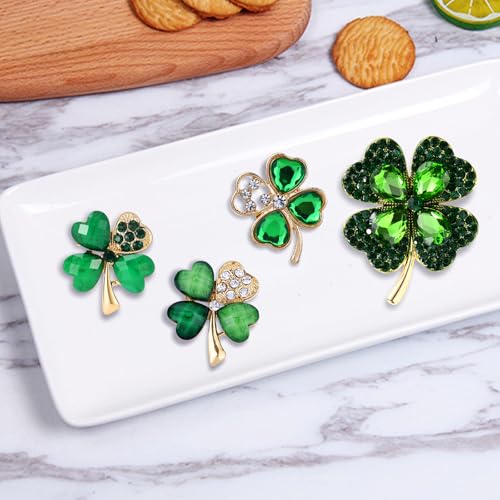Image of 4 Leaf Clover Brooch Pin for Women St Patricks Day Accessories,Green Crystal Rhinestone Irish Shamrock Clover Pin Brooch Lucky Decor Dress Accessories St Patrick's Day Holiday Christmas Jewelry Gift