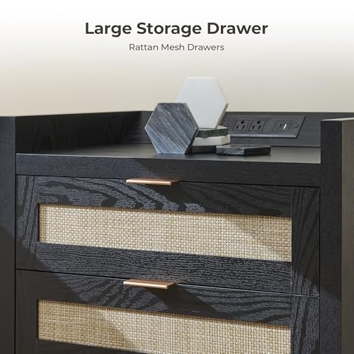 Image of SICOTAS Nightstands Set of 2 Bedside Table - Larger Rattan Night Stand with Type-C Charging Station, 3 Drawers Storage - Boho Tall Night Stands End Table for Bedroom Office - Black Oak