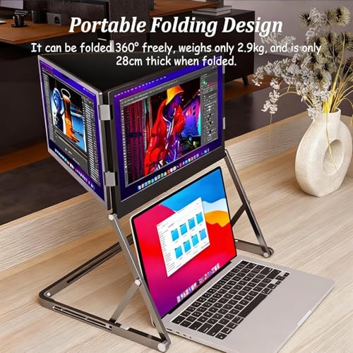 Image of 15.6 in Portable Laptop Screen Extender - 1080p FHD Tri-Fold Monitor, 360 Rotatable Stand, Adjustable Viewing Angles, Compatible with Window & macOS