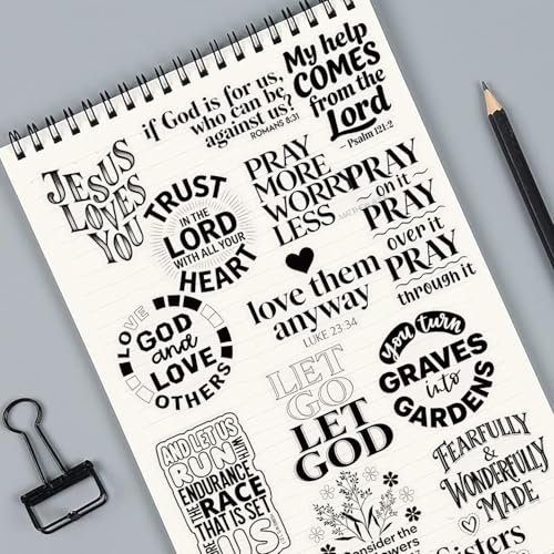 Image of 50PCS Christian Inspirational Quote Stickers, Black White Bible Verse Decals, Clear Waterproof Scrapbook Journal Stickers for Laptop Water Bottle Planner Faith Gifts
