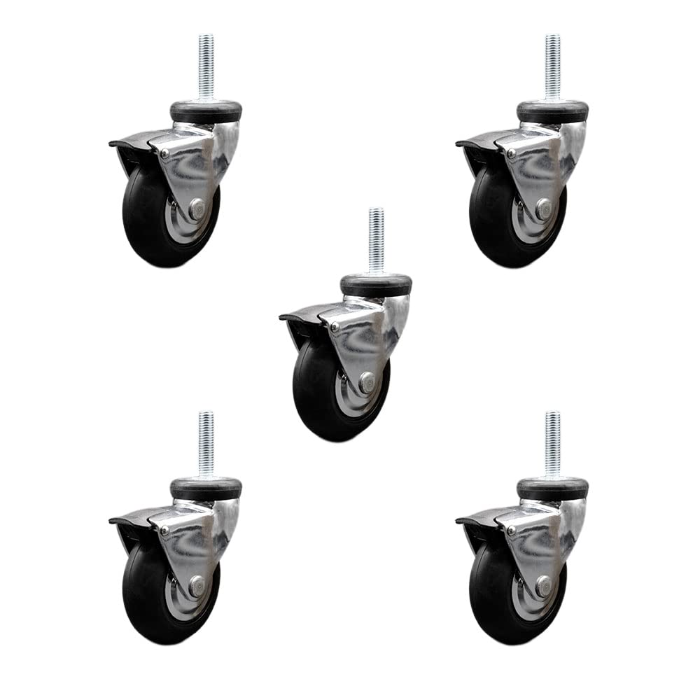 3 Inch Swivel Caster Wheels for Furniture - Bright Chrome Hooded Neoprene Rubber Wheel with 8mm - 1.25 x 1-1/2 Inch Metric Threaded Stem and Brake-550lbs. Total Capacity-Set of 5-Service Caster Brand